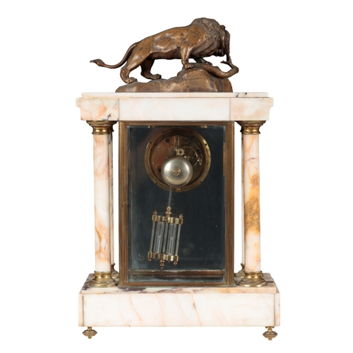 195 - A 19TH CENTURY FRENCH FOUR GLASS AND VARIEGATED MARBLE MANTLE CLOCK the enamelled dial inscribed 'Fr... 