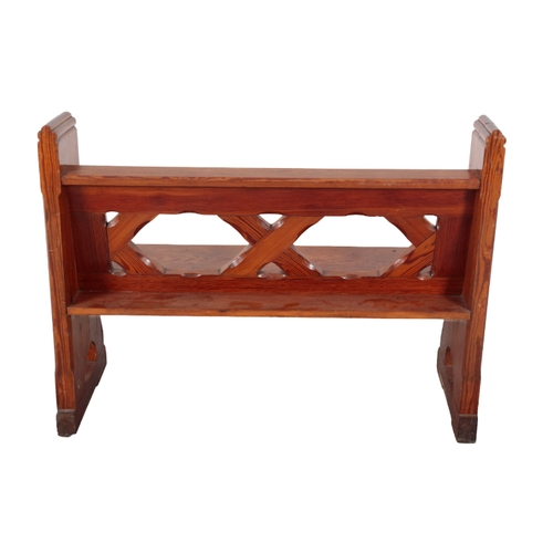 277 - A PITCH PINE PEW OF SMALL PROPORTIONS with open back, 93cm high x 122cm wide x 49 cm deep