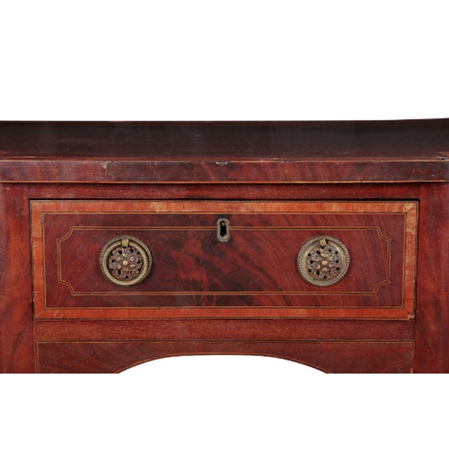 306 - A SMALL GEORGE III MAHOGANY AND CROSS BANDED SIDEBOARD late 18th century, the breakfront top over a ... 