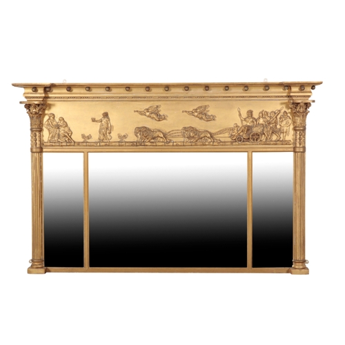 312 - A MATCHED PAIR OF REGENCY GILT OVERMANTEL MIRRORS with moulded and ball cornices, the friezes depict... 