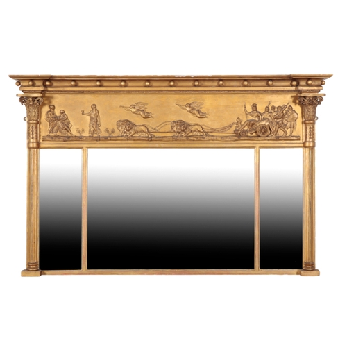 312 - A MATCHED PAIR OF REGENCY GILT OVERMANTEL MIRRORS with moulded and ball cornices, the friezes depict... 