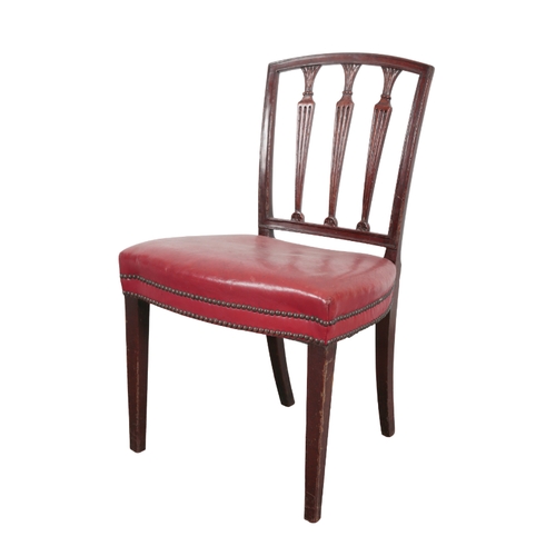 315 - A SET OF SIX MAHOGANY DINING CHAIRS OF SHERATON STYLE with arched crest rails, triple carved and ree... 