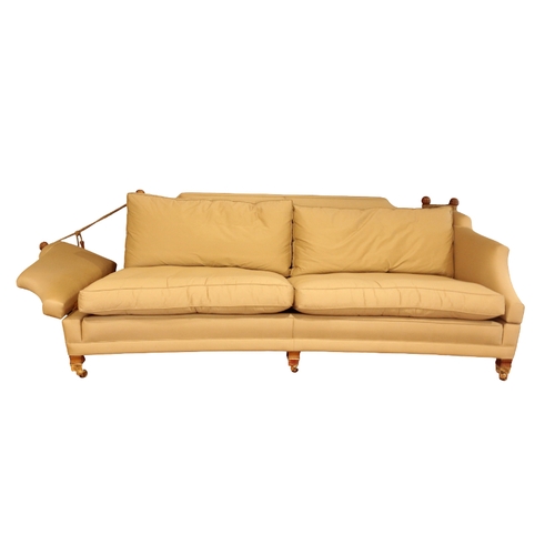 324 - A KNOLE SOFA AND MATCHING CHAIR upholstered in fawn corded satin, on light oak square front legs, br... 