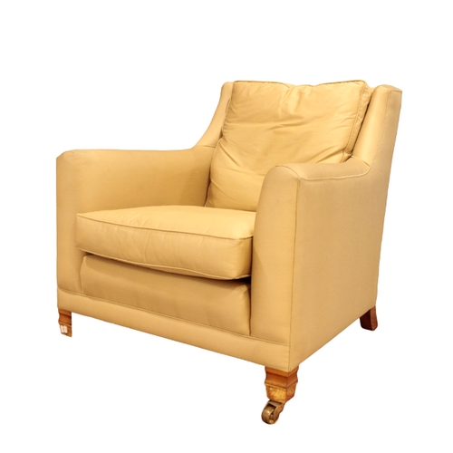 324 - A KNOLE SOFA AND MATCHING CHAIR upholstered in fawn corded satin, on light oak square front legs, br... 