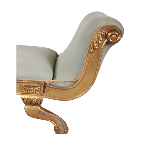 353 - A REGENCY STYLE GILTWOOD CHAISE LONGUE with acanthus scrolled arms, swan neck back and ball and claw... 