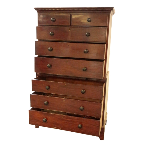 355 - A GEORGE III MAHOGANY CHEST ON CHEST with brushing slide, dentil cornice, and turned and embossed kn... 