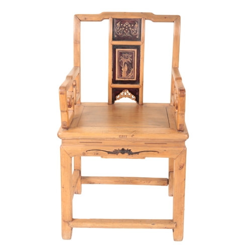 356 - A NEAR PAIR OF CHINESE CHAIRS each with painted panelled backs, 98cm high and 97cm high (2)