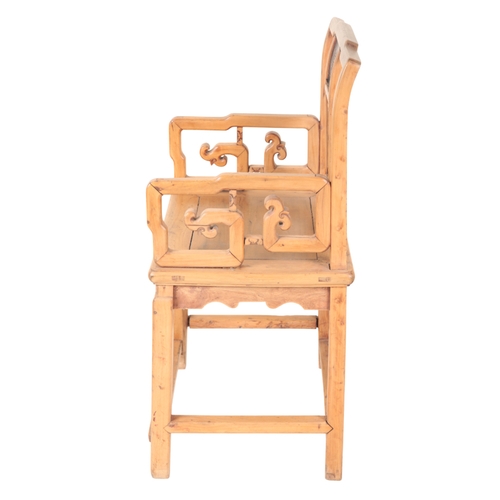 356 - A NEAR PAIR OF CHINESE CHAIRS each with painted panelled backs, 98cm high and 97cm high (2)