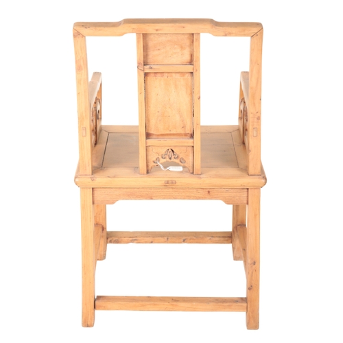 356 - A NEAR PAIR OF CHINESE CHAIRS each with painted panelled backs, 98cm high and 97cm high (2)