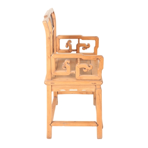 356 - A NEAR PAIR OF CHINESE CHAIRS each with painted panelled backs, 98cm high and 97cm high (2)