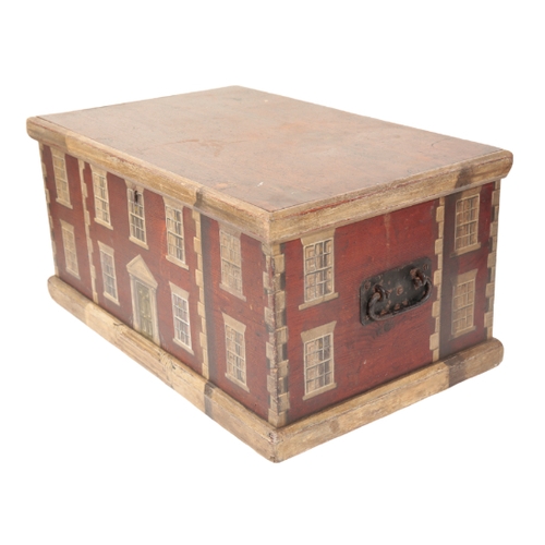 363 - A VICTORIAN PAINTED PINE BOX of a Georgian house scene with cast-iron metal carrying handles, 31cm x... 