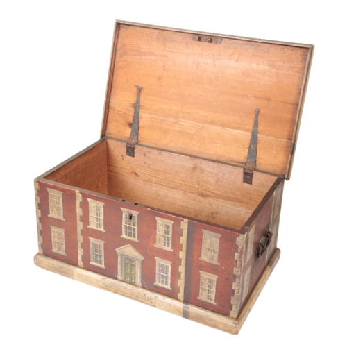 363 - A VICTORIAN PAINTED PINE BOX of a Georgian house scene with cast-iron metal carrying handles, 31cm x... 