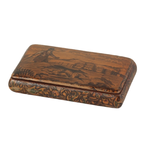 370 - A RARE VICTORIAN MAUCHLINE WARE PEN-WORK SNUFF BOX decorated with a hunting scene and foliate holly ... 