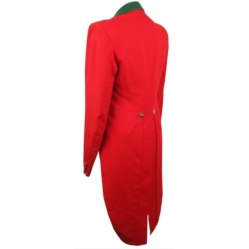 381 - FREDERICK BELL & SON OF LIVERPOOL: A RED TAILCOAT with brass hunt buttons and green collar, size 34