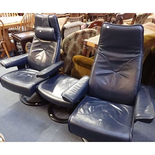 A PAIR OF BLUE LEATHER RECLINER ARMCHAIRS OF 'STRESSLESS' STYLE each