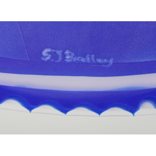 577 - A UNIQUE ONE-OFF BLUE OVER WHITE ENGRAVED GLASS CENTREPIECE BY STEVE BRADLEY inspired by the photogr... 