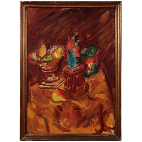 309 - *MATTHEW SMITH (1879-1959) A still life of pears and other fruit on a table beside a sculpture of a ... 