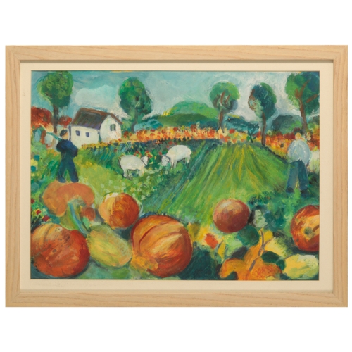 332 - ENGLISH SCHOOL, 20TH CENTURY Figures and sheep in a garden landscape with pumpkins oil on paper, 39.... 