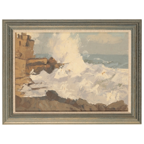 338 - *JAMES FRY (1911-1985) Purbeck coastal landscape, Dorset waves violently crashing against the rocks,... 