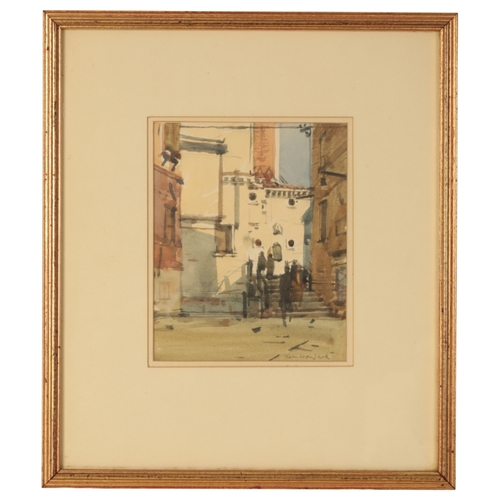 378 - *KEN HOWARD (1932-2022) Cypriot street scene with figures signed in pencil lower right, watercolour,... 