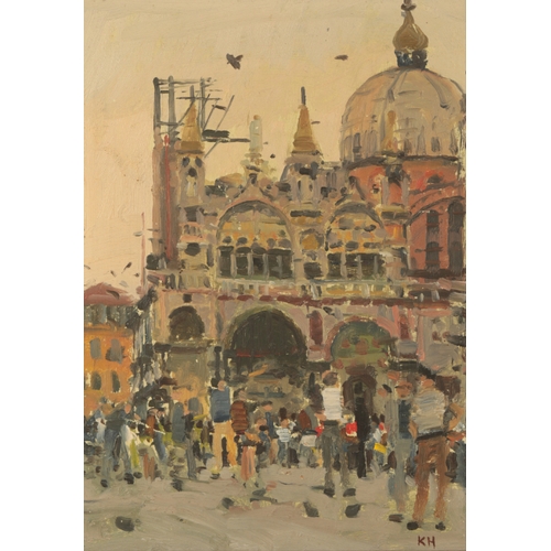 382 - *KEN HOWARD (1932-2022) Figures in front of St. Mark's Basilica, Venice monogrammed lower right, oil... 