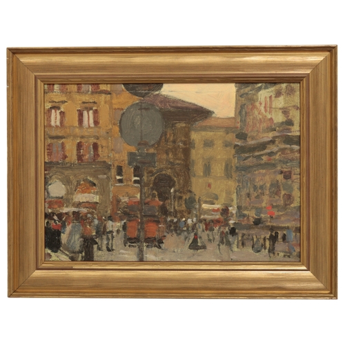 383 - *KEN HOWARD (1932-2022) A bustling European city scene with figures oil on board, 15cm x 21cm 

Prov... 