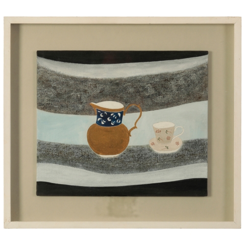 387 - *RACHEL NICHOLSON (b. 1934)   'Lustre Jug and Cherry Cup on Pale Blue' still life study, signed, tit... 