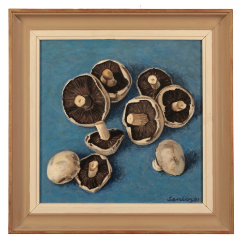 392 - BRYAN SENIOR (B. 1935) 'Mushrooms on a blue ground' 1991, signed and dated lower right, acrylic on b... 