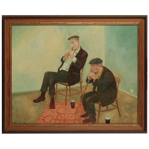 402 - *DAVID SHANAHAN (Contemporary) 'Whistle Player' sullen figures in a tavern interior, signed lower le... 