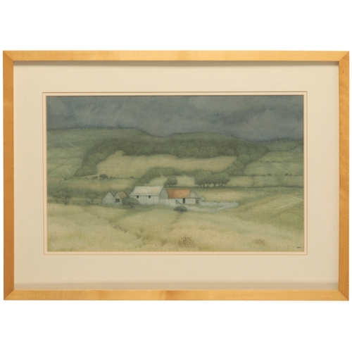 413 - *DAPHNE HURN (Contemporary) 'Tyneham, Dorset' landscape with farm buildings, signed lower right, wat... 