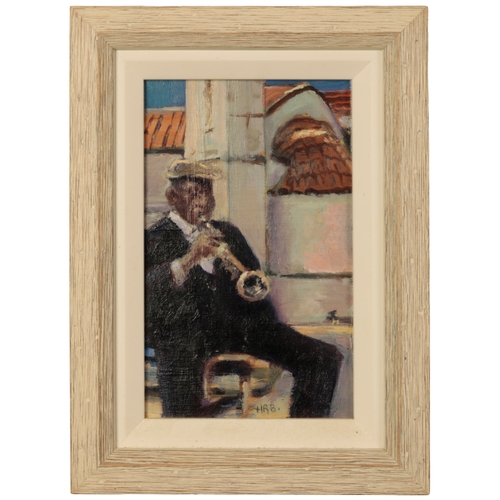 415 - HARRY BELL (b. 1947) 'Town Musician' study of a trumpeter, monogrammed lower right, signed, titled a... 