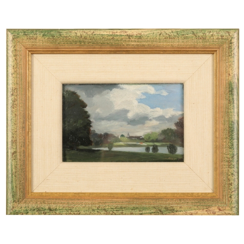 416 - MELVYN PETTERSON (B. 1947) 'Thames at Petersham I' monogrammed lower right, oils, 9cm x 14.5cm 

Pro... 