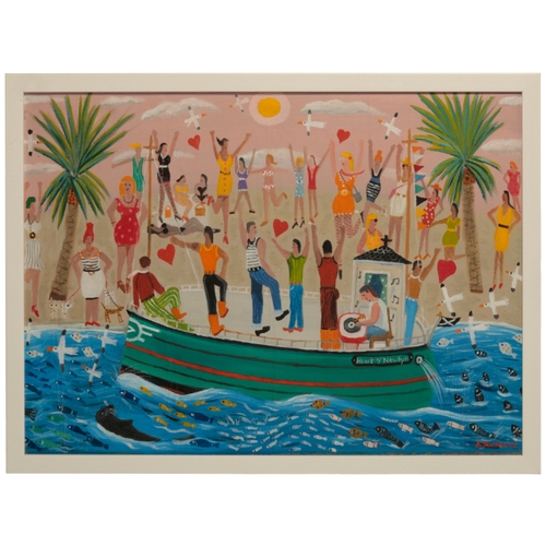 432 - *ALAN FURNEAUX (B. 1953) 'Heart of Newlyn' revellers on a boat passing a beach filled with women, si... 