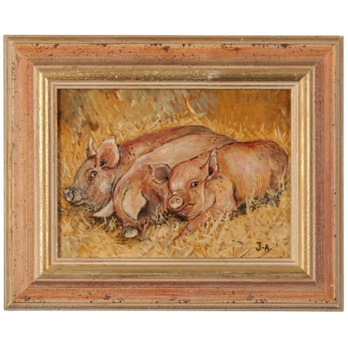 450 - *JILL ABRAHALL (Contemporary) 'Three in a bed' study of three pigs in a barn interior, monogrammed l... 