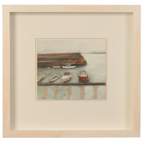 465 - *STEPHANIE DEES (b. 1974) 'Boats at rest' signed lower left, mixed media on board, 17cm x 20cm