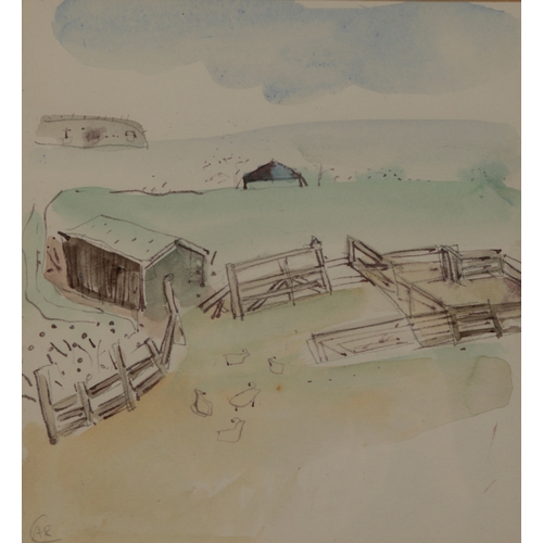 472 - *ANTHEA CRAIGMYLE (1933-2016) Farm cottages in a landscape monogrammed lower left, watercolour and p... 