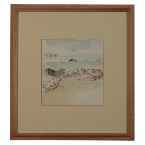 472 - *ANTHEA CRAIGMYLE (1933-2016) Farm cottages in a landscape monogrammed lower left, watercolour and p... 