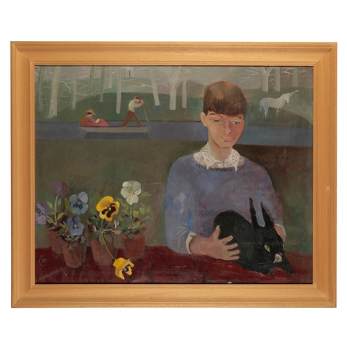 473 - *ANTHEA CRAIGMYLE (1933-2016) A young girl with her rabbit and pots of pansies with figures punting ... 