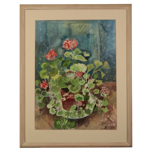 477 - *ANTHEA CRAIGMYLE (1933-2016) A still life study of geraniums in a pot monogrammed lower left, water... 