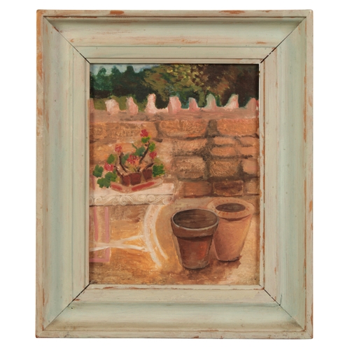 483 - *ANTHEA CRAIGMYLE (1933-2016) Plants on a garden table beside pots signed verso, oil on board, 18.5c... 