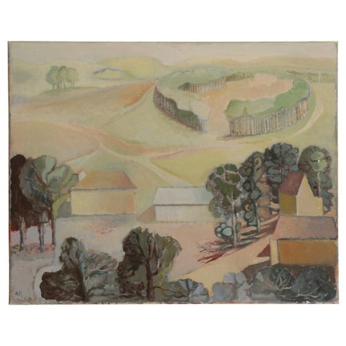 492 - *ANTHEA CRAIGMYLE (1933-2016) Landscape with buildings to the foreground and a ring of trees beyond ... 