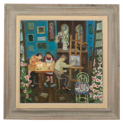 494 - *ANTHEA CRAIGMYLE (1933-2016) 'In the Blue Studio' Artists in an interior, titled verso, oil on canv... 