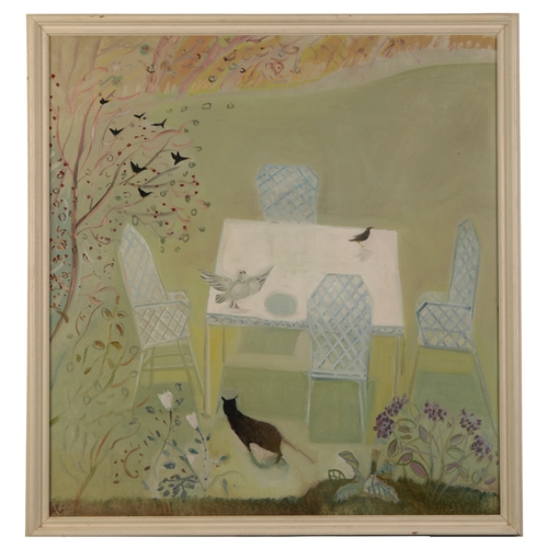 496 - *ANTHEA CRAIGMYLE (1933-2016) 'Cat & Birds' a study of a cat disturbing birds on a garden table, mon... 