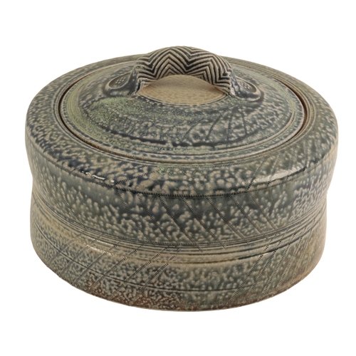 682 - *JANE HAMLYN (B. 1940): A LARGE SALT GLAZED STONEWARE LIDDED VESSEL the body of slightly waisted for... 