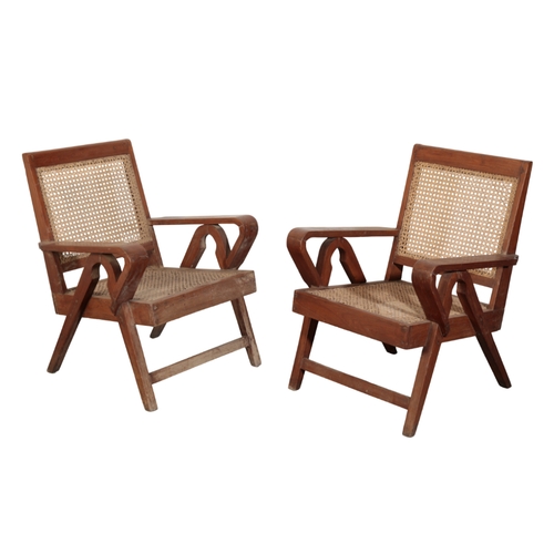 696 - PIERRE JEANNERET (1896-1967) FOR CHANDIGARH: A PAIR OF TEAK ARMCHAIRS PJ-010705 Solid teak and braid... 