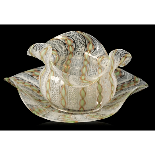 536 - A GROUP OF THREE MURANO 'LATTICINO' BOWLS AND SAUCERS c.1950s, each with lattice and twisted aventur... 