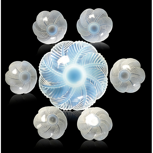 538 - *PIERRE D'AVESN (1901-1990): AN OPALESCENT GLASS DESSERT SERVICE c. 1930s, comprising a large servin... 