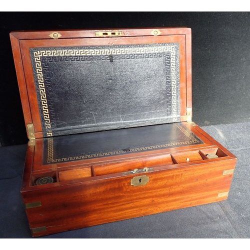 12 - A MAHOGANY WRITING SLOPE brass bound, Victorian, with inkwells etc