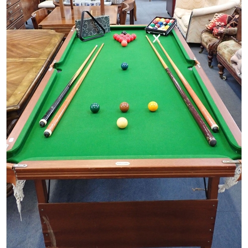 19 - AN 'AMBASSADOR' SNOOKER TABLE, ON FOLDING LEGS with accessories 185 x 94cm