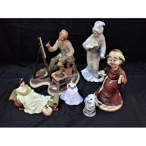 23 - A LARGE CAPODIMONTE FIGURE OF A SEATED ARTIST (a/f), a Doulton figurine 'At ease', a Worcester Snowy... 